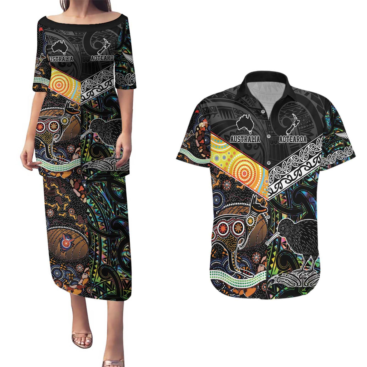 Personalised New Zealand and Australia Couples Matching Puletasi and Hawaiian Shirt Maori Mix Aboriginal Art Style LT9 Black - Polynesian Pride