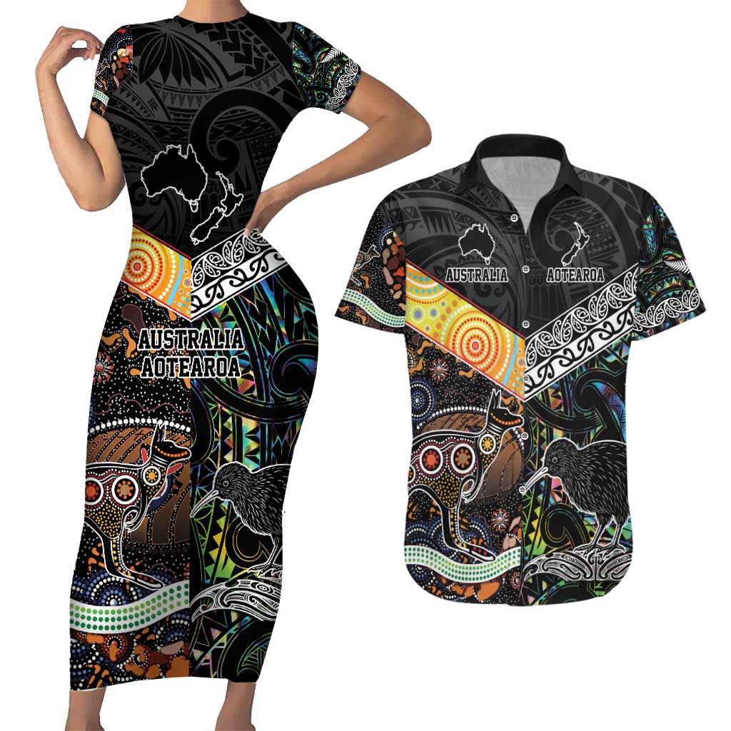 New Zealand and Australia Couples Matching Short Sleeve Bodycon Dress and Hawaiian Shirt Maori Mix Aboriginal Art Style