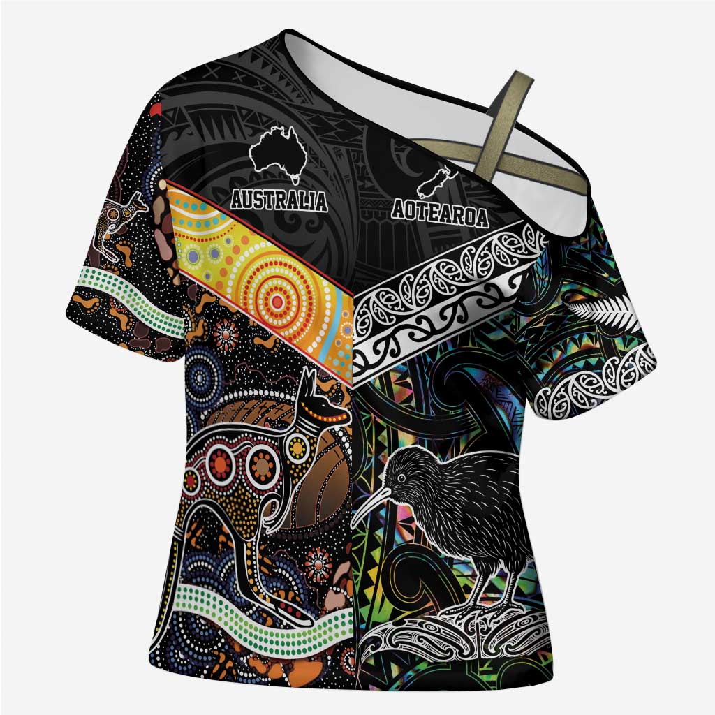 Australia New Zealand Personalised Cross Shoulder Shirt Maori Aboriginal Art Style - Polynesian Pride