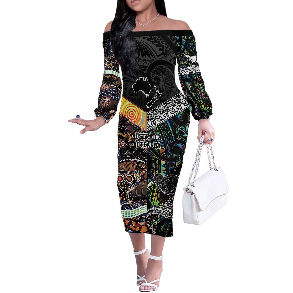 New Zealand and Australia Family Matching Off The Shoulder Long Sleeve Dress and Hawaiian Shirt Maori Mix Aboriginal Art Style