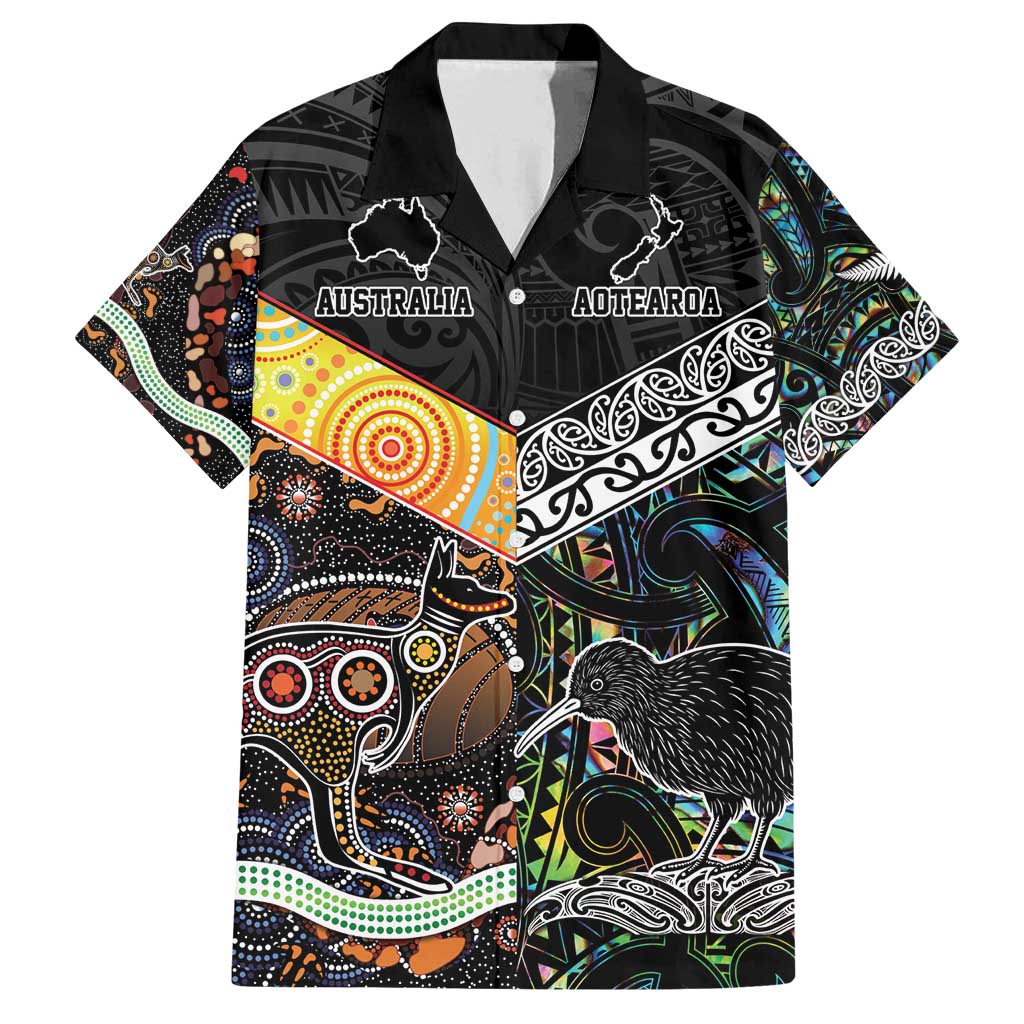 Personalised New Zealand and Australia Family Matching Off Shoulder Maxi Dress and Hawaiian Shirt Maori Mix Aboriginal Art Style LT9 Dad's Shirt - Short Sleeve Black - Polynesian Pride
