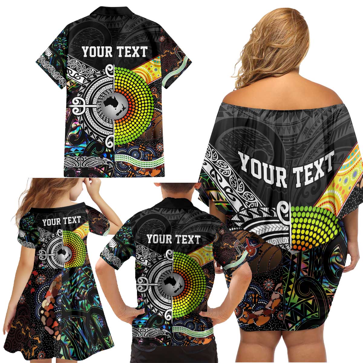 New Zealand and Australia Family Matching Off Shoulder Short Dress and Hawaiian Shirt Maori Mix Aboriginal Art Style