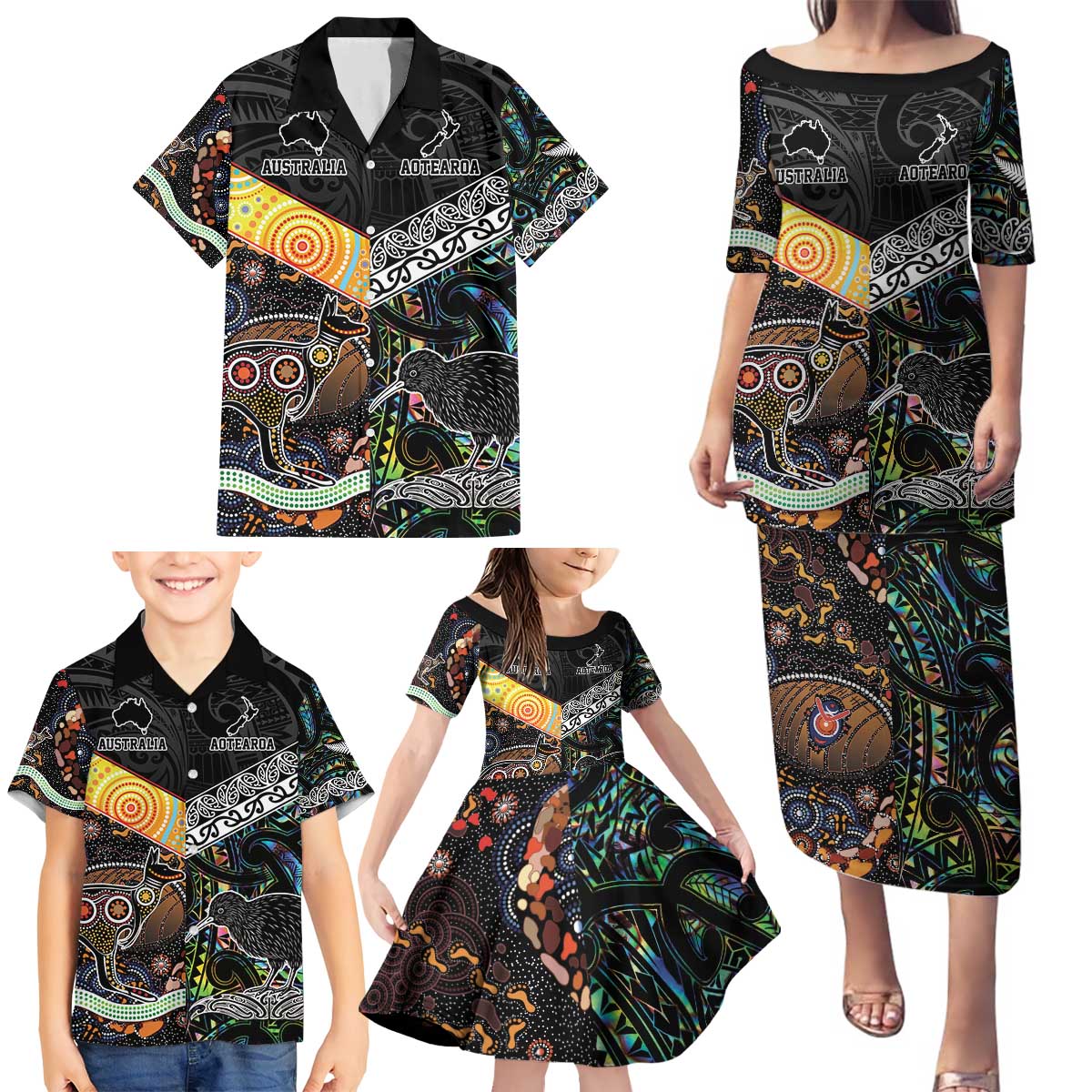 Personalised New Zealand and Australia Family Matching Puletasi and Hawaiian Shirt Maori Mix Aboriginal Art Style LT9 - Polynesian Pride