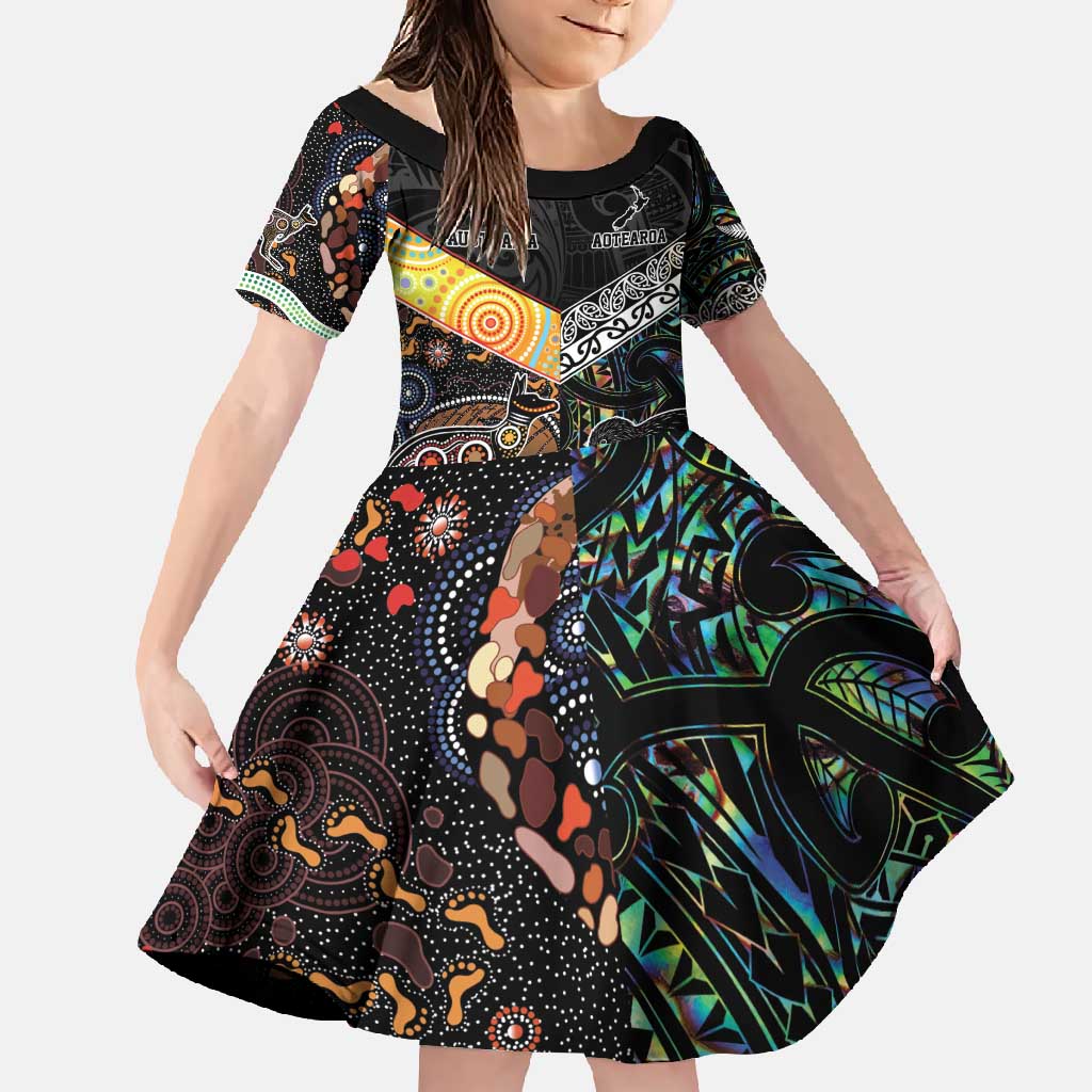 Personalised New Zealand and Australia Family Matching Short Sleeve Bodycon Dress and Hawaiian Shirt Maori Mix Aboriginal Art Style LT9 Daughter's Dress Black - Polynesian Pride