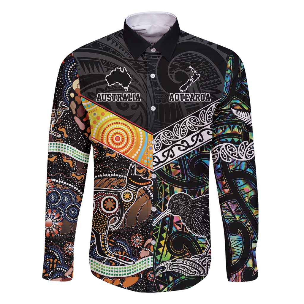 Personalised New Zealand and Australia Family Matching Short Sleeve Bodycon Dress and Hawaiian Shirt Maori Mix Aboriginal Art Style LT9 Dad's Shirt - Long Sleeve Black - Polynesian Pride
