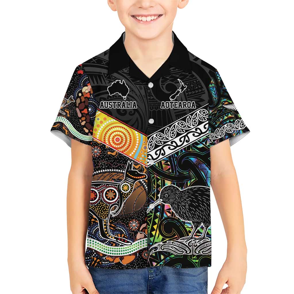Personalised New Zealand and Australia Family Matching Short Sleeve Bodycon Dress and Hawaiian Shirt Maori Mix Aboriginal Art Style LT9 Son's Shirt Black - Polynesian Pride