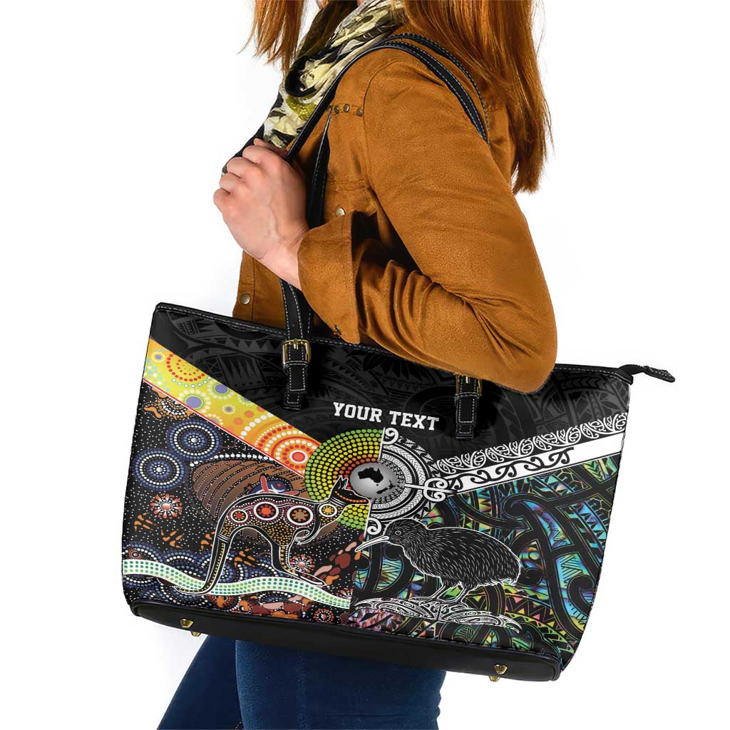 New Zealand and Australia Leather Tote Bag Maori Mix Aboriginal Art Style