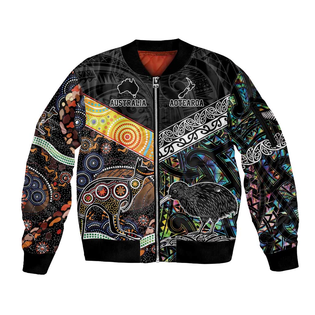 New Zealand and Australia Sleeve Zip Bomber Jacket Maori Mix Aboriginal Art Style