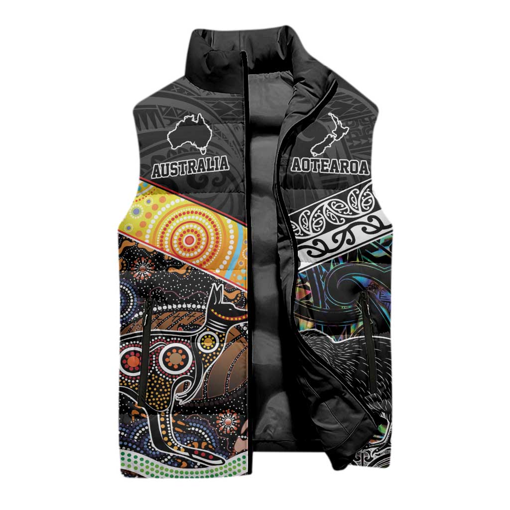Australia New Zealand Personalised Sleeveless Puffer Jacket Maori Aboriginal Art Style - Polynesian Pride