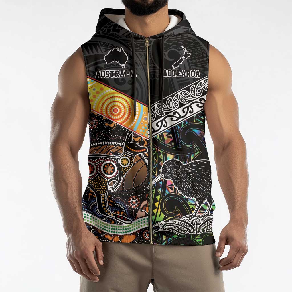 Australia New Zealand Personalised Sleeveless Zip Hoodie Maori Aboriginal Art Style - Polynesian Pride