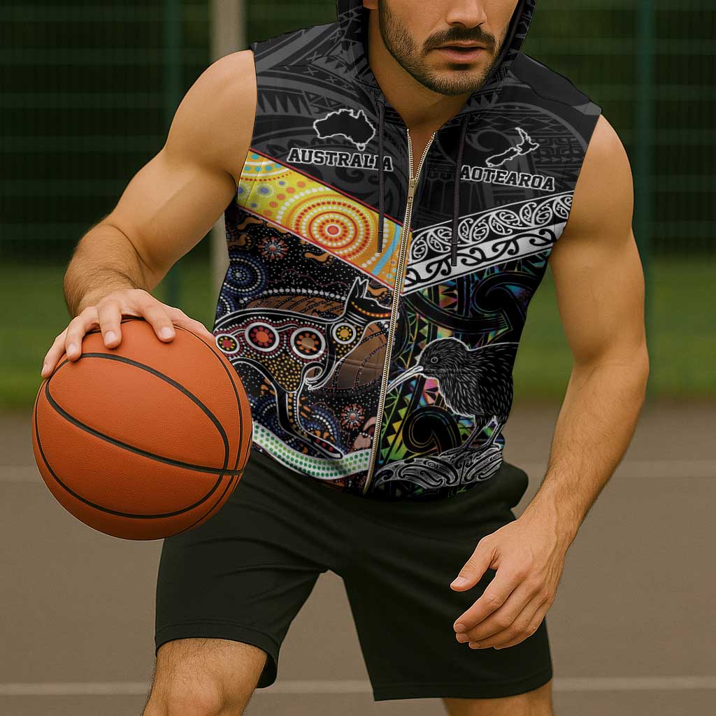 Australia New Zealand Personalised Sleeveless Zip Hoodie Maori Aboriginal Art Style - Polynesian Pride