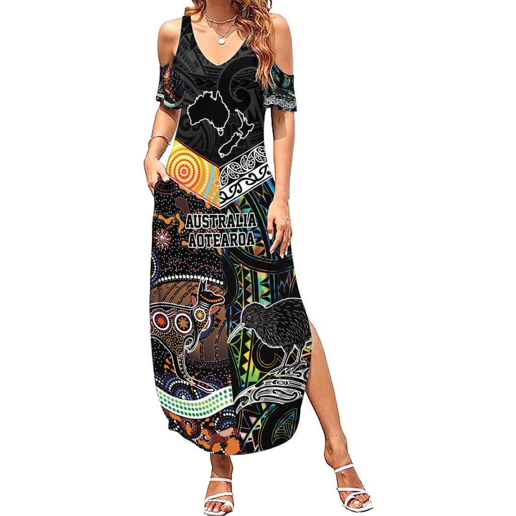 New Zealand and Australia Summer Maxi Dress Maori Mix Aboriginal Art Style