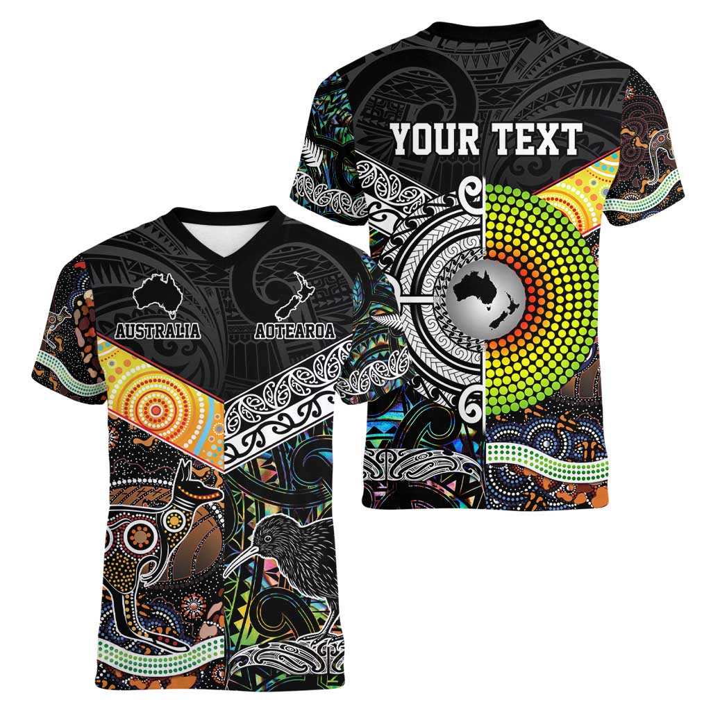 Personalised New Zealand and Australia Women V-Neck T-Shirt Maori Mix Aboriginal Art Style LT9 - Polynesian Pride