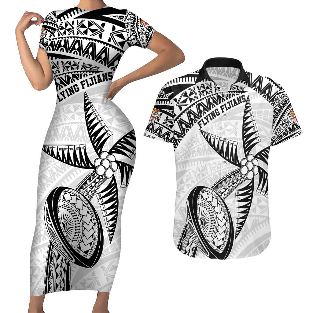 Custom Fiji Rugby Pacific Couples Matching Short Sleeve Bodycon Dress and Hawaiian Shirt Polynesian Palm Tattoo