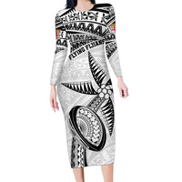 Custom Fiji Rugby Pacific Family Matching Long Sleeve Bodycon Dress and Hawaiian Shirt Polynesian Palm Tattoo LT9 Mom's Dress White - Polynesian Pride