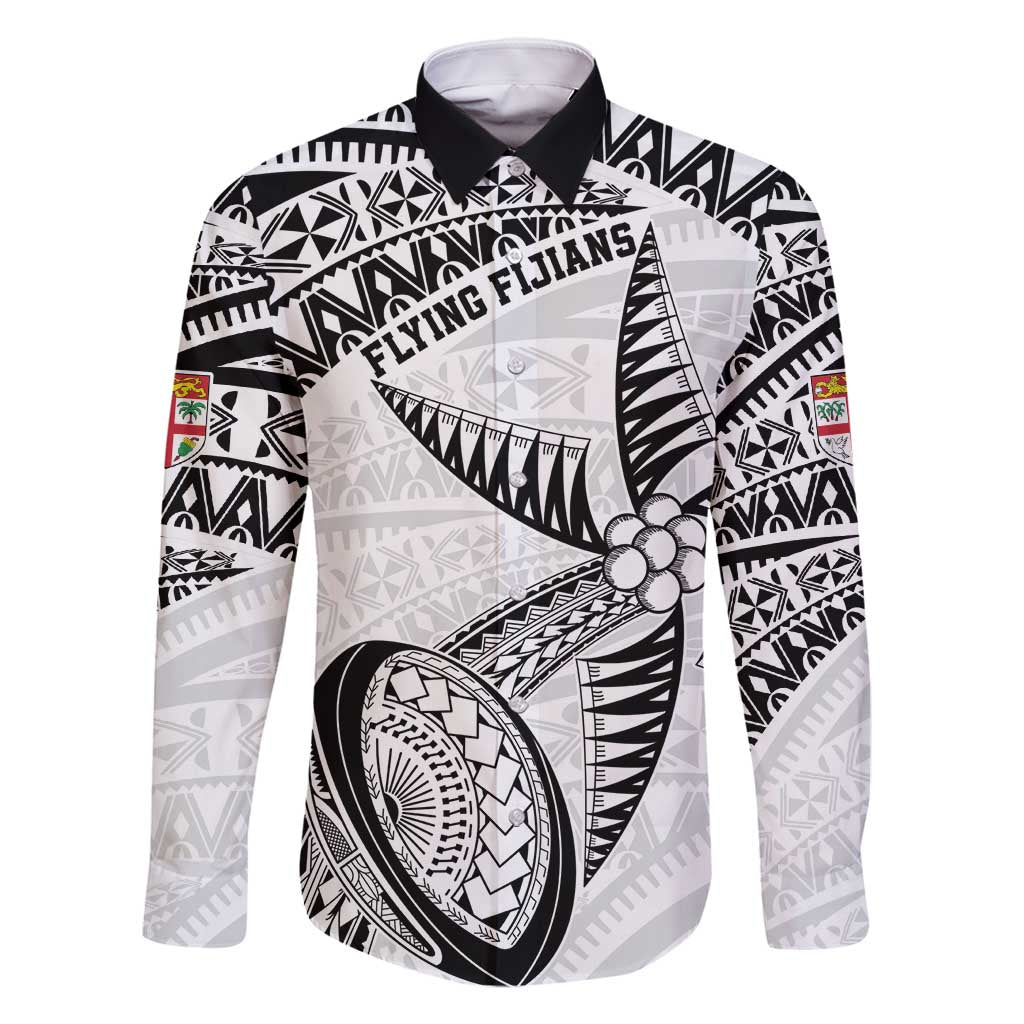 Custom Fiji Rugby Pacific Family Matching Mermaid Dress and Hawaiian Shirt Polynesian Palm Tattoo LT9 Dad's Shirt - Long Sleeve White - Polynesian Pride