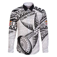 Custom Fiji Rugby Pacific Family Matching Mermaid Dress and Hawaiian Shirt Polynesian Palm Tattoo LT9 Dad's Shirt - Long Sleeve White - Polynesian Pride