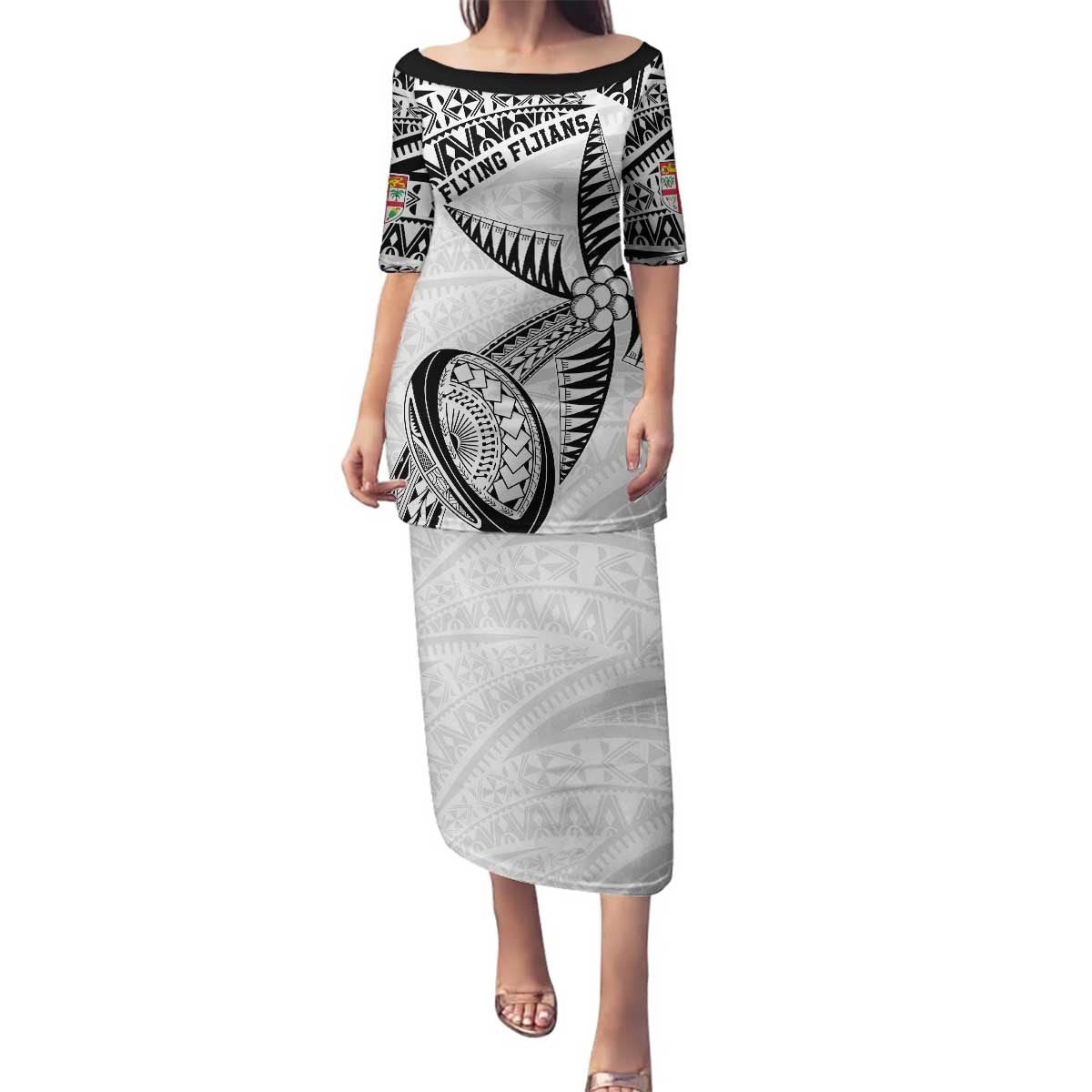 Custom Fiji Rugby Pacific Family Matching Puletasi and Hawaiian Shirt Polynesian Palm Tattoo LT9 Mom's Dress White - Polynesian Pride