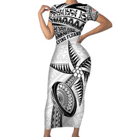 Custom Fiji Rugby Pacific Family Matching Short Sleeve Bodycon Dress and Hawaiian Shirt Polynesian Palm Tattoo LT9 Mom's Dress White - Polynesian Pride