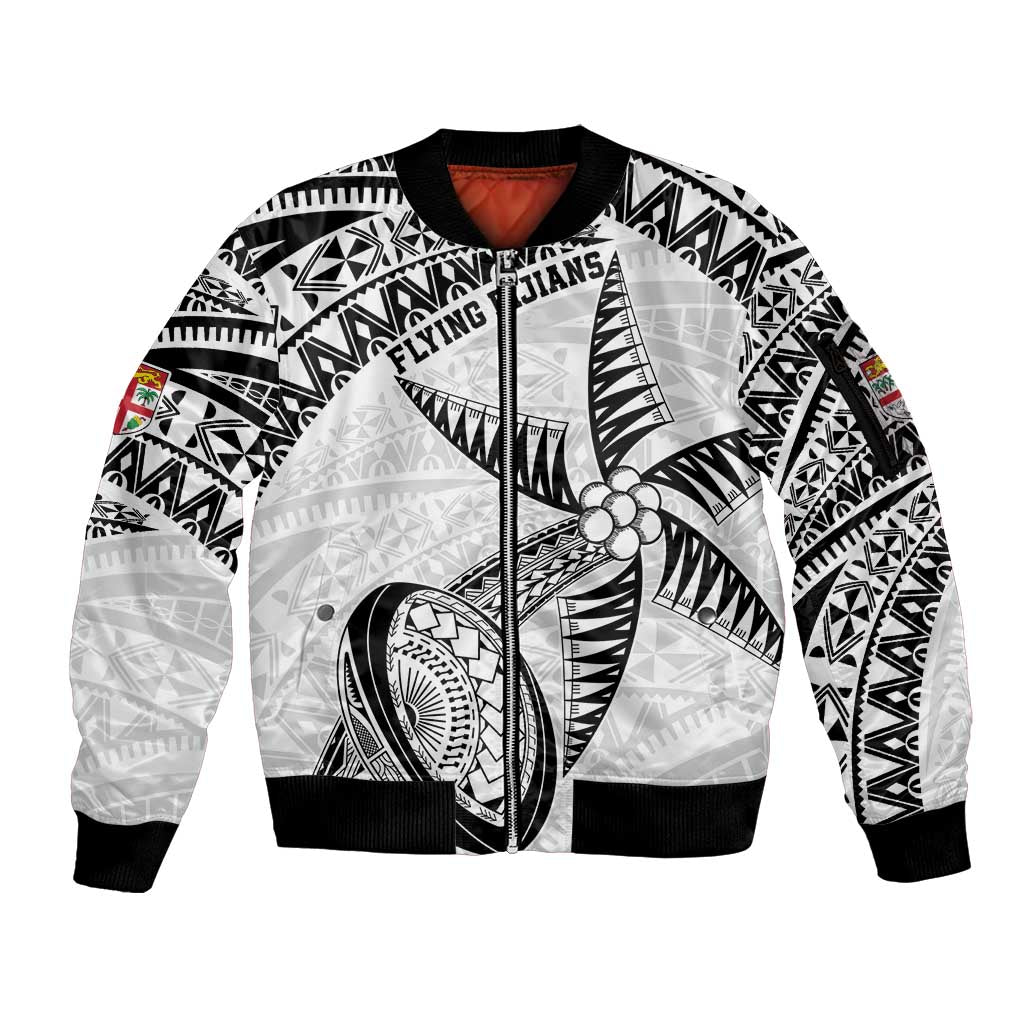 Custom Fiji Rugby Pacific Sleeve Zip Bomber Jacket Polynesian Palm Tattoo