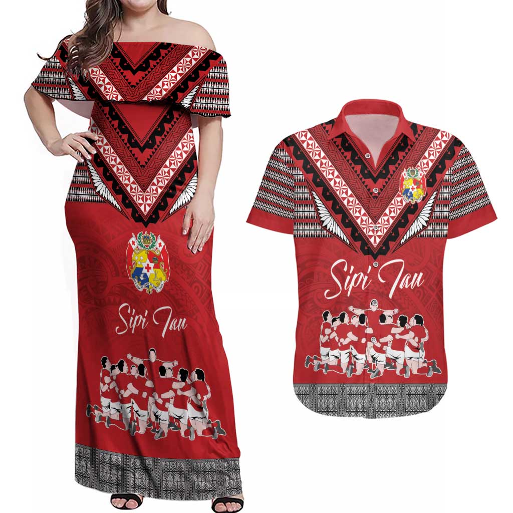 Personalised Tonga Rugby Pacific Couples Matching Off Shoulder Maxi Dress and Hawaiian Shirt Ikale Tahi Sipi Tau