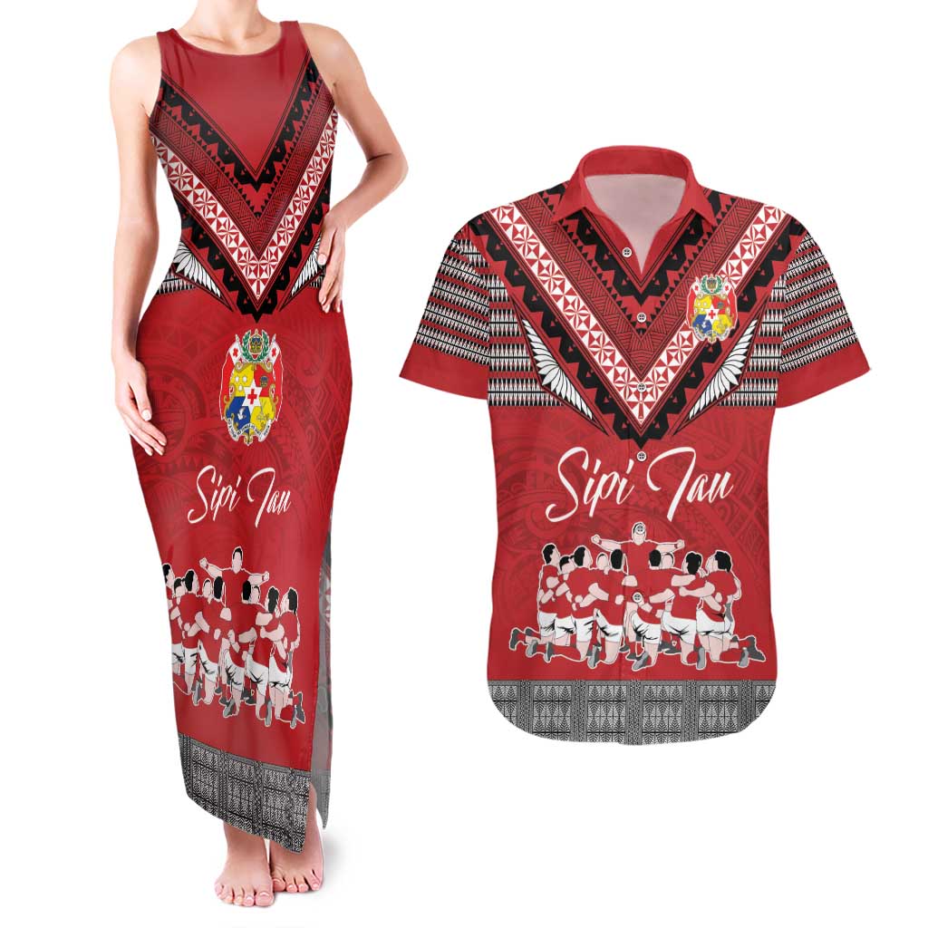 Personalised Tonga Rugby Pacific Couples Matching Tank Maxi Dress and Hawaiian Shirt Ikale Tahi Sipi Tau