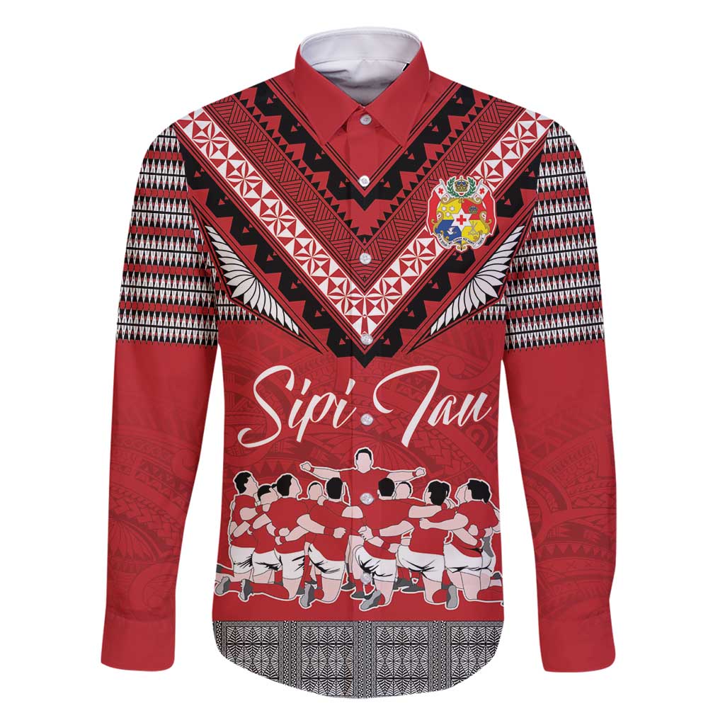Personalised Tonga Rugby Pacific Family Matching Mermaid Dress and Hawaiian Shirt Ikale Tahi Sipi Tau LT9 Dad's Shirt - Long Sleeve Red - Polynesian Pride