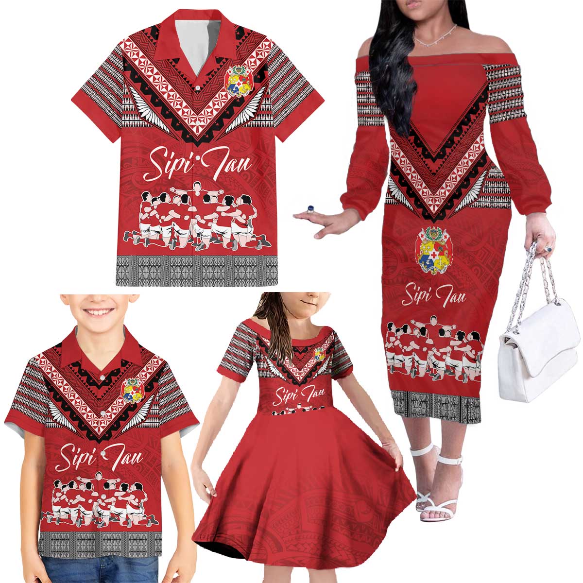 Personalised Tonga Rugby Pacific Family Matching Off The Shoulder Long Sleeve Dress and Hawaiian Shirt Ikale Tahi Sipi Tau