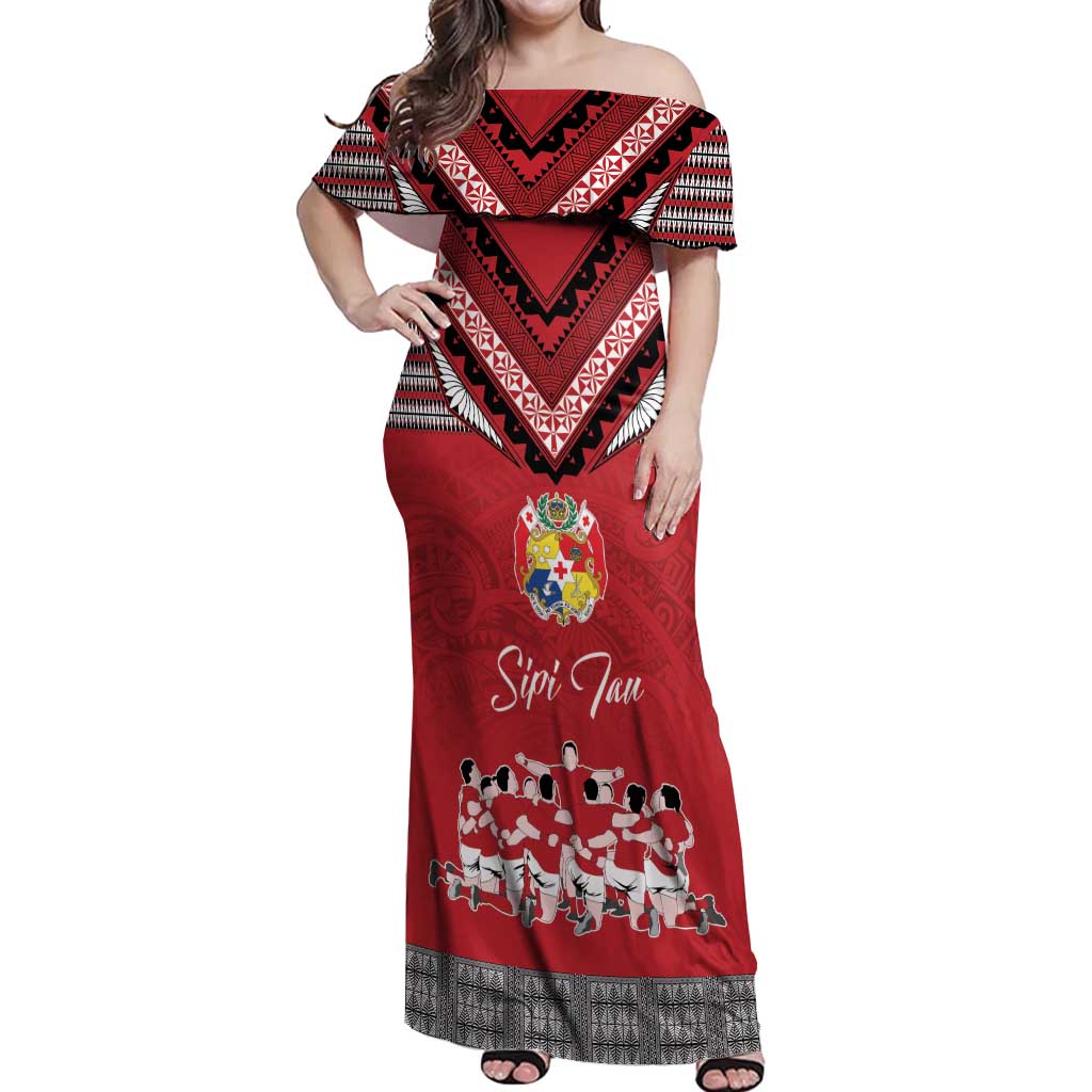 Personalised Tonga Rugby Pacific Off Shoulder Maxi Dress Ikale Tahi Sipi Tau