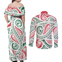 New Zealand Kowhaiwhai Christmas Couples Matching Off Shoulder Maxi Dress and Long Sleeve Button Shirt Traditional Maori Koru Pattern LT9 - Polynesian Pride