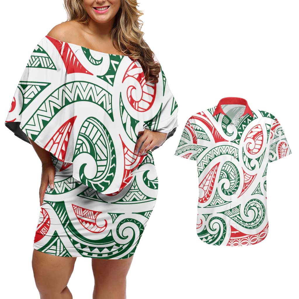 New Zealand Kowhaiwhai Christmas Couples Matching Off Shoulder Short Dress and Hawaiian Shirt Traditional Maori Koru Pattern LT9 White - Polynesian Pride