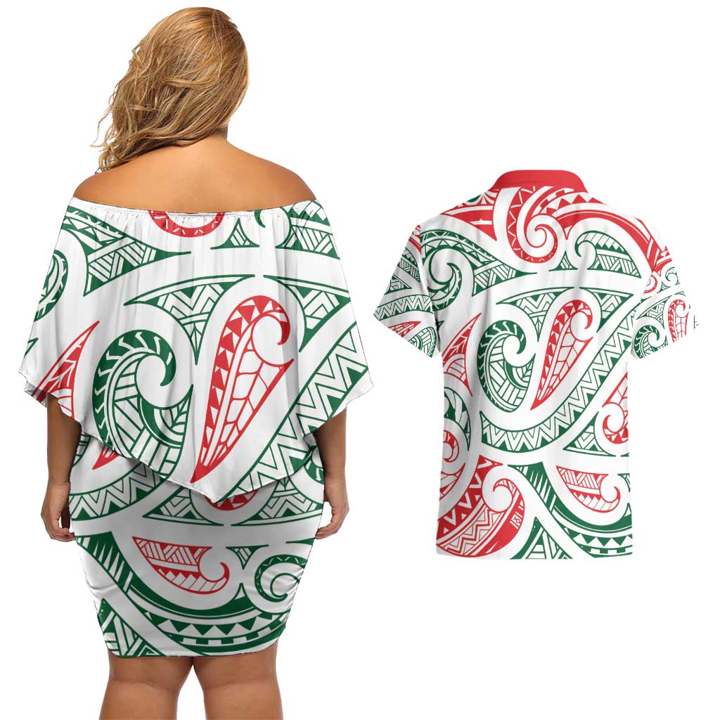 New Zealand Kowhaiwhai Christmas Couples Matching Off Shoulder Short Dress and Hawaiian Shirt Traditional Maori Koru Pattern LT9 - Polynesian Pride