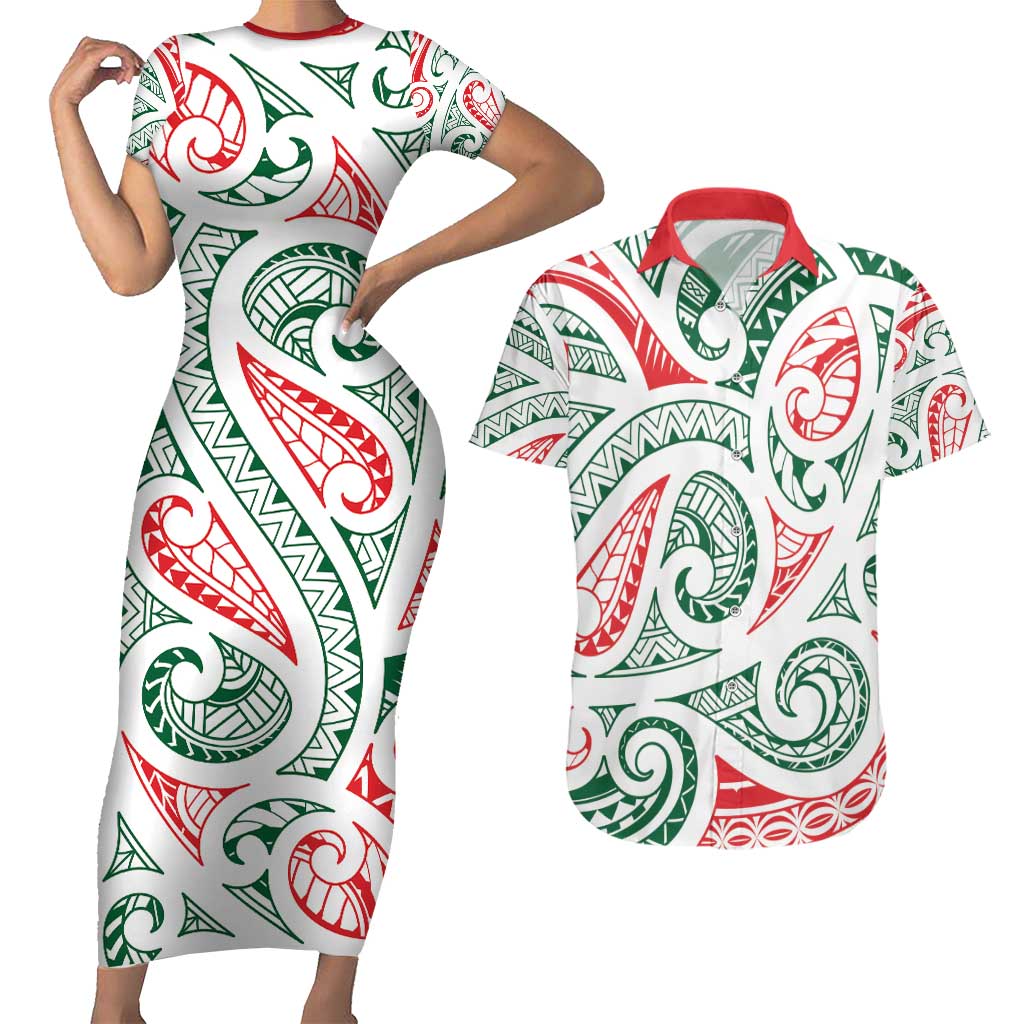 New Zealand Kowhaiwhai Christmas Couples Matching Short Sleeve Bodycon Dress and Hawaiian Shirt Traditional Maori Koru Pattern - Polynesian Pride