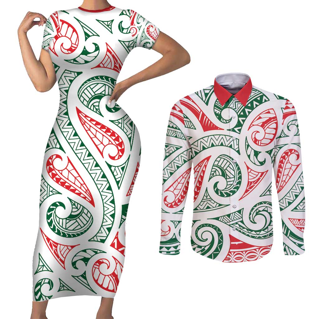 New Zealand Kowhaiwhai Christmas Couples Matching Short Sleeve Bodycon Dress and Long Sleeve Button Shirt Traditional Maori Koru Pattern LT9 White - Polynesian Pride