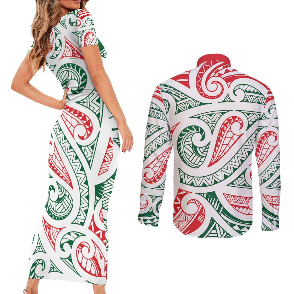 New Zealand Kowhaiwhai Christmas Couples Matching Short Sleeve Bodycon Dress and Long Sleeve Button Shirt Traditional Maori Koru Pattern LT9 - Polynesian Pride