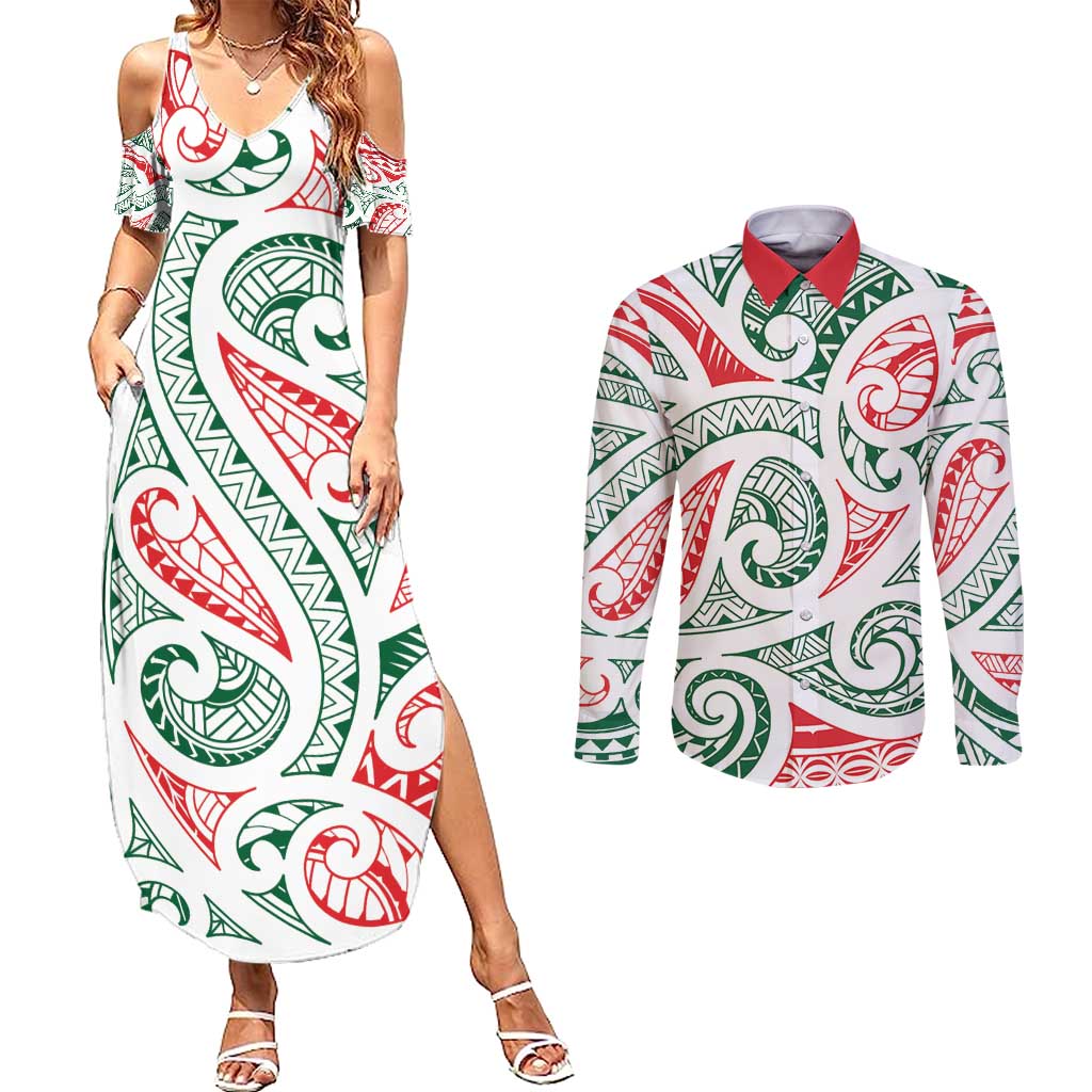 New Zealand Kowhaiwhai Christmas Couples Matching Summer Maxi Dress and Long Sleeve Button Shirt Traditional Maori Koru Pattern LT9 White - Polynesian Pride
