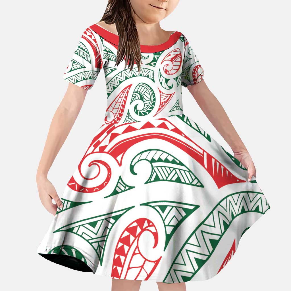 New Zealand Kowhaiwhai Christmas Family Matching Long Sleeve Bodycon Dress and Hawaiian Shirt Traditional Maori Koru Pattern LT9 Daughter's Dress White - Polynesian Pride