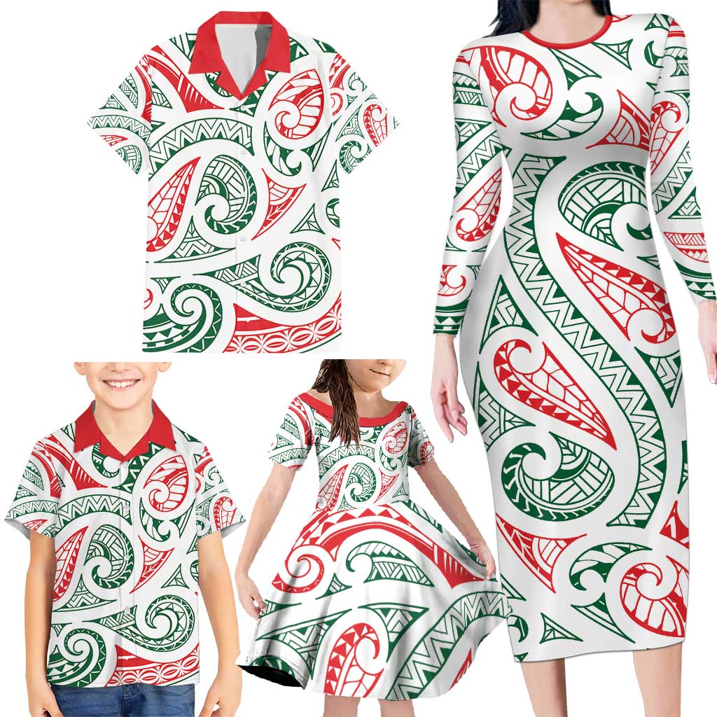 New Zealand Kowhaiwhai Christmas Family Matching Long Sleeve Bodycon Dress and Hawaiian Shirt Traditional Maori Koru Pattern - Polynesian Pride