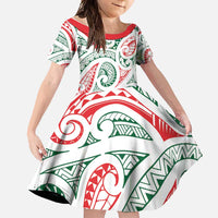 New Zealand Kowhaiwhai Christmas Family Matching Short Sleeve Bodycon Dress and Hawaiian Shirt Traditional Maori Koru Pattern LT9 Daughter's Dress White - Polynesian Pride