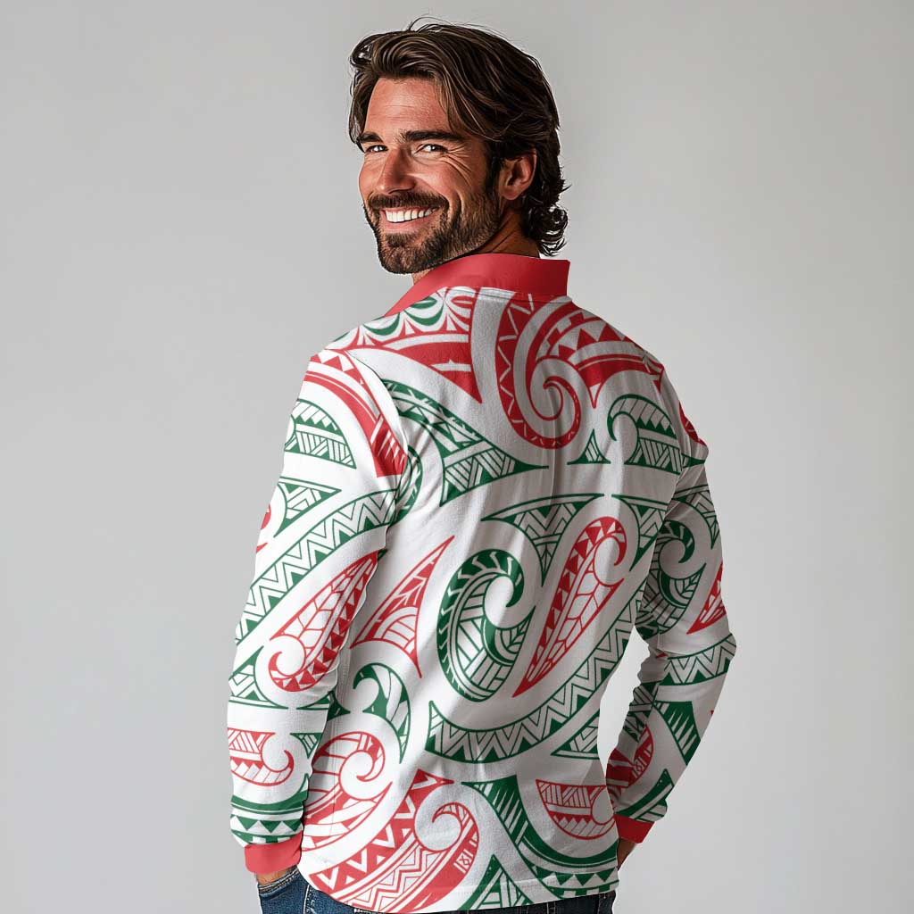 New Zealand Kowhaiwhai Christmas Long Sleeve Polo Shirt Traditional Maori Koru Pattern - Polynesian Pride