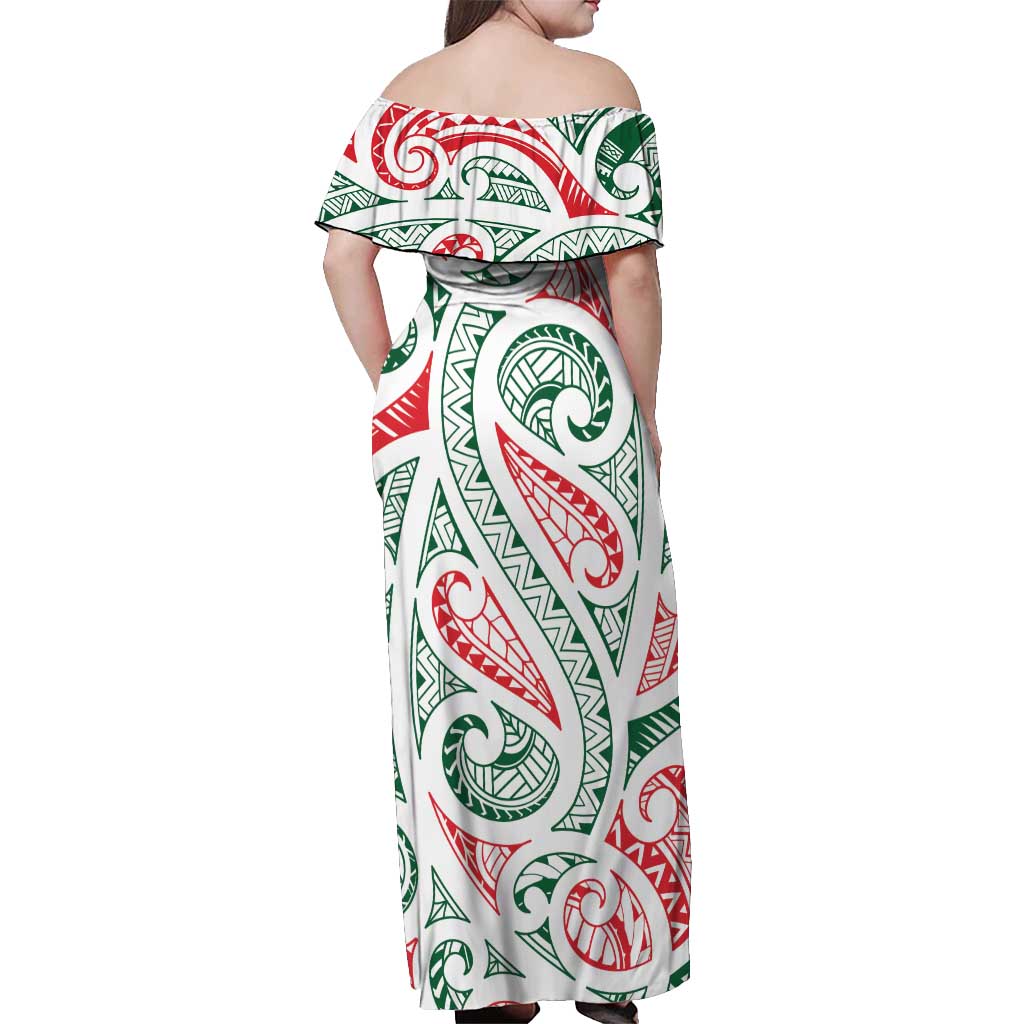 New Zealand Kowhaiwhai Christmas Off Shoulder Maxi Dress Traditional Maori Koru Pattern - Polynesian Pride