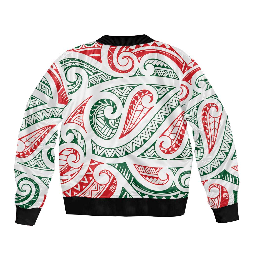 New Zealand Kowhaiwhai Christmas Sleeve Zip Bomber Jacket Traditional Maori Koru Pattern - Polynesian Pride