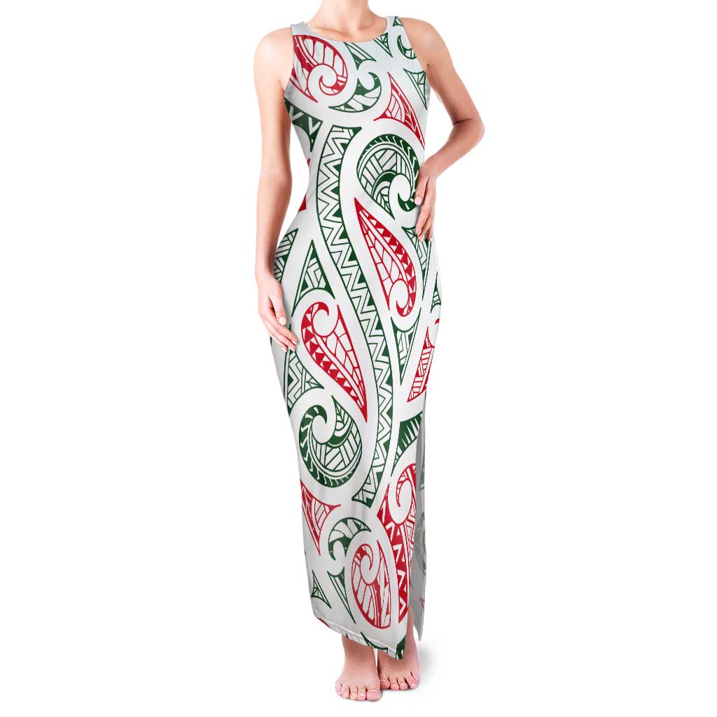 New Zealand Kowhaiwhai Christmas Tank Maxi Dress Traditional Maori Koru Pattern - Polynesian Pride