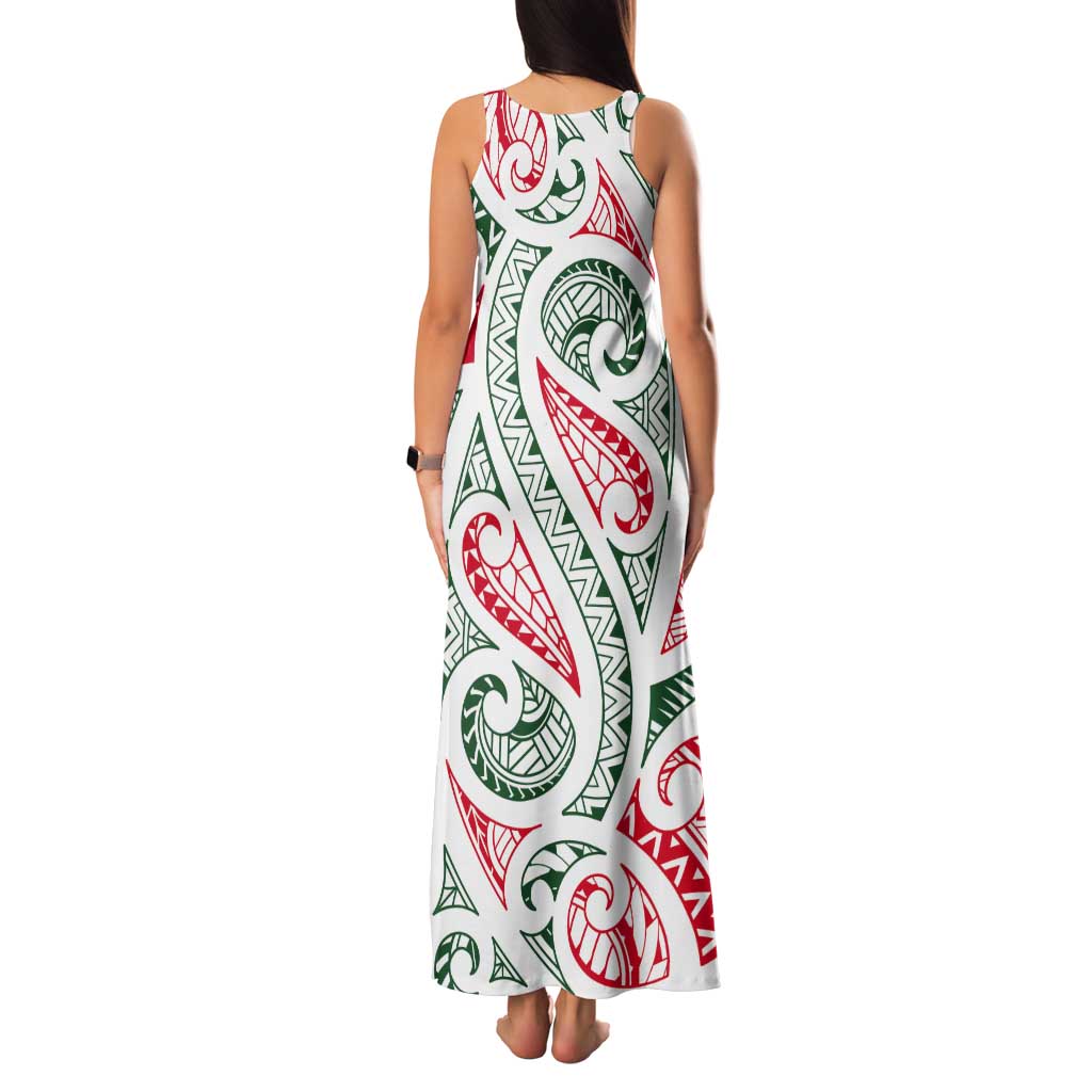 New Zealand Kowhaiwhai Christmas Tank Maxi Dress Traditional Maori Koru Pattern - Polynesian Pride
