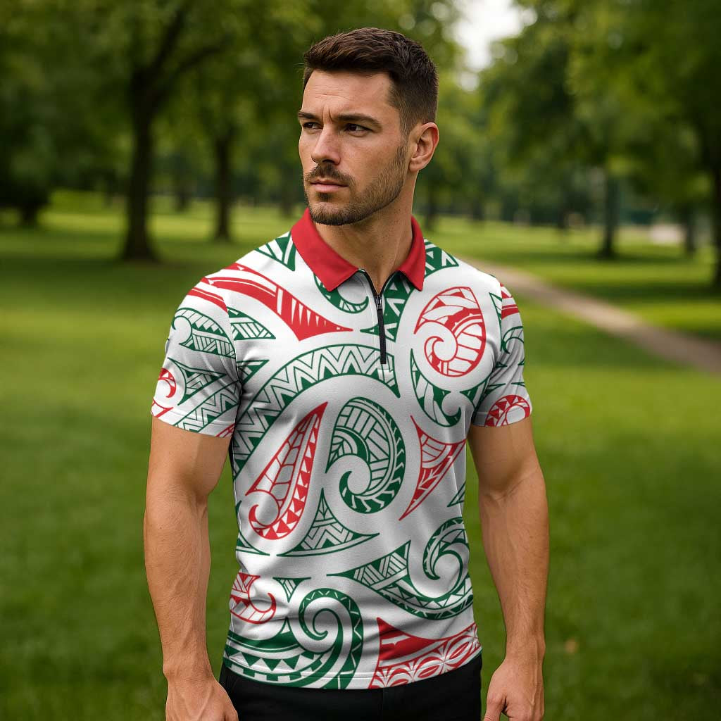 New Zealand Kowhaiwhai Christmas Zipper Polo Shirt Traditional Maori Koru Pattern - Polynesian Pride