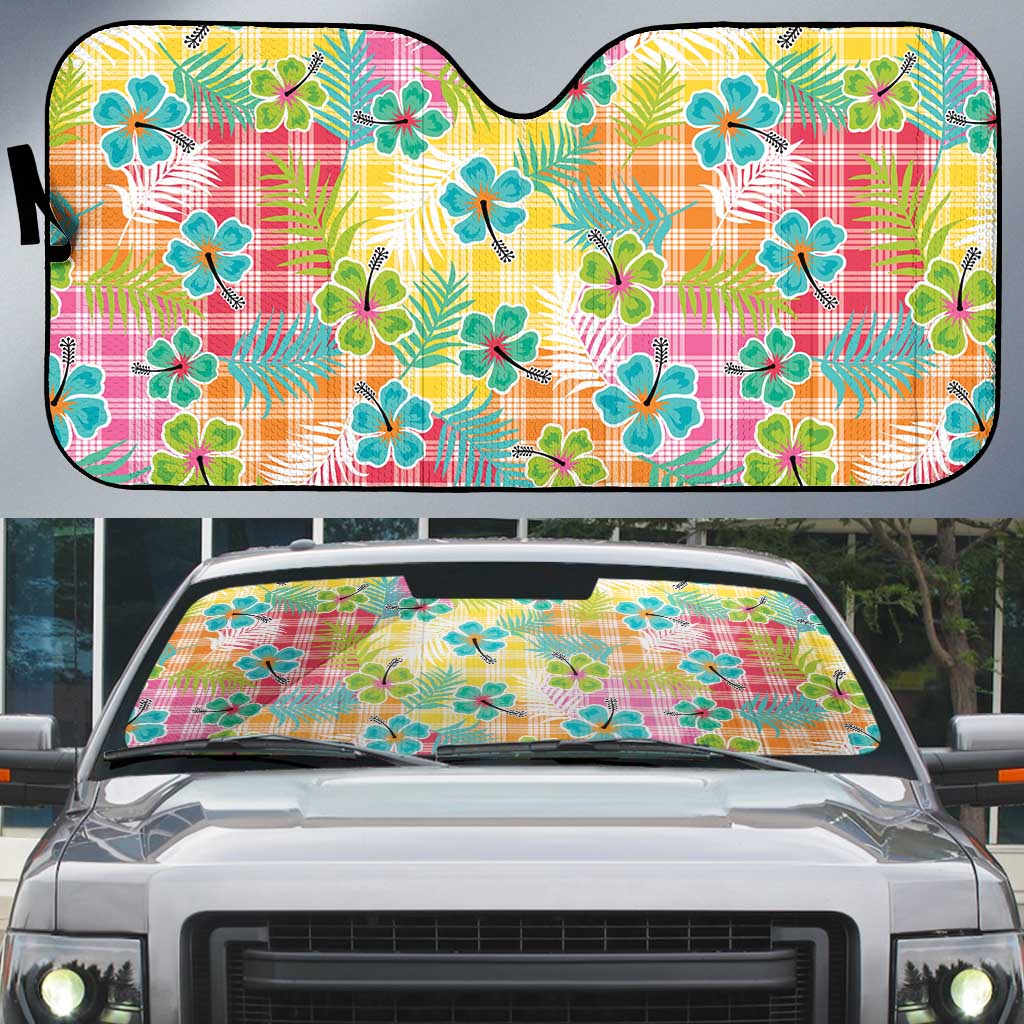 Hawaiian Palaka Auto Sun Shade Hibiscus Palm Leaf Pattern - Polynesian Pride