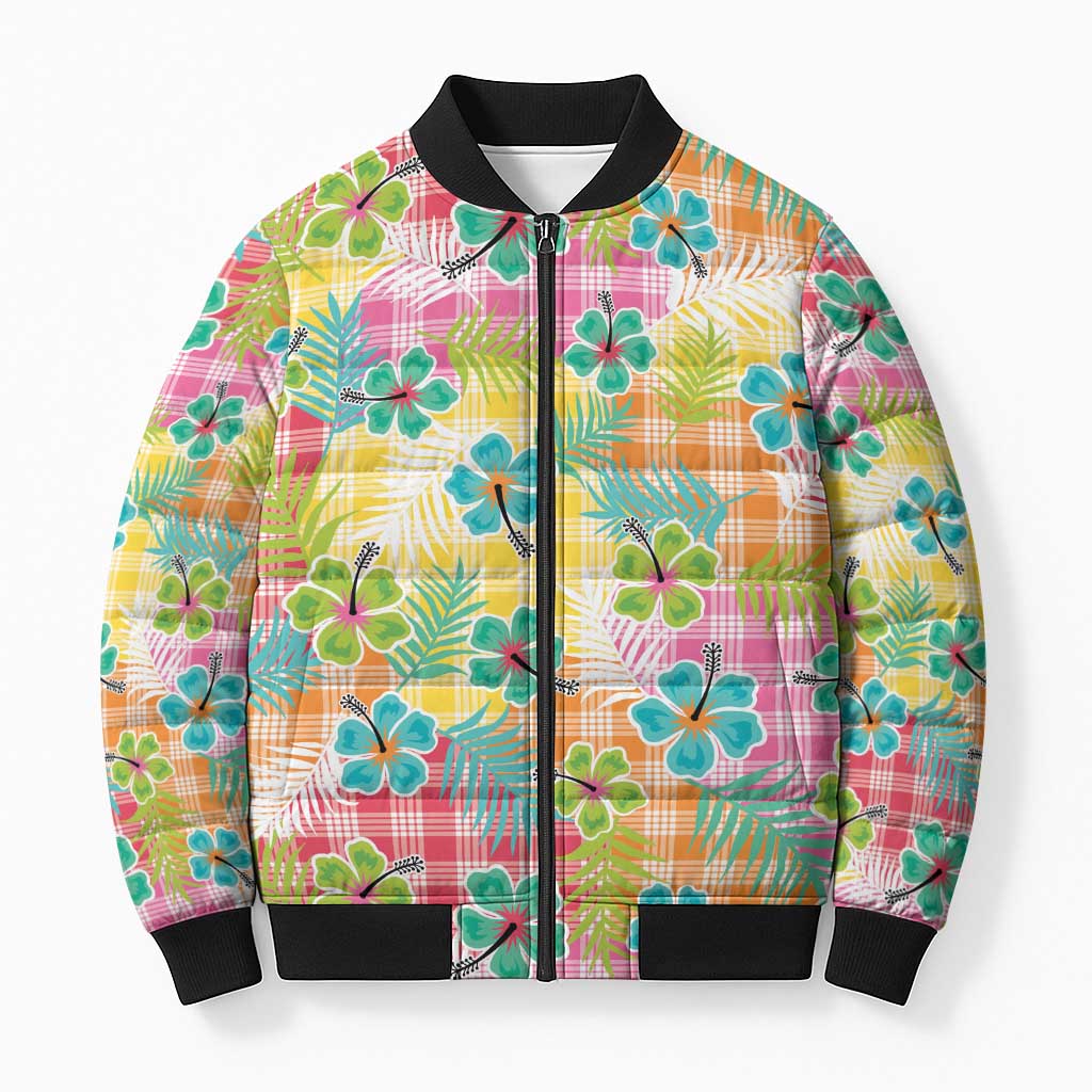 Hawaiian Palaka Bomber Puffer Jacket Hibiscus Palm Leaf Pattern - Polynesian Pride