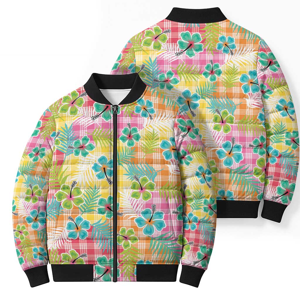 Hawaiian Palaka Bomber Puffer Jacket Hibiscus Palm Leaf Pattern - Polynesian Pride