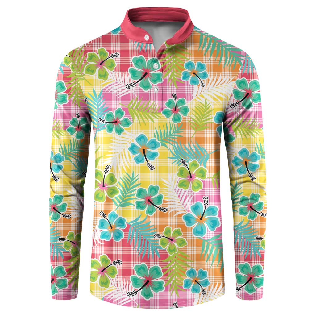 Hawaiian Palaka Button Sweatshirt Hibiscus Palm Leaf Pattern - Polynesian Pride