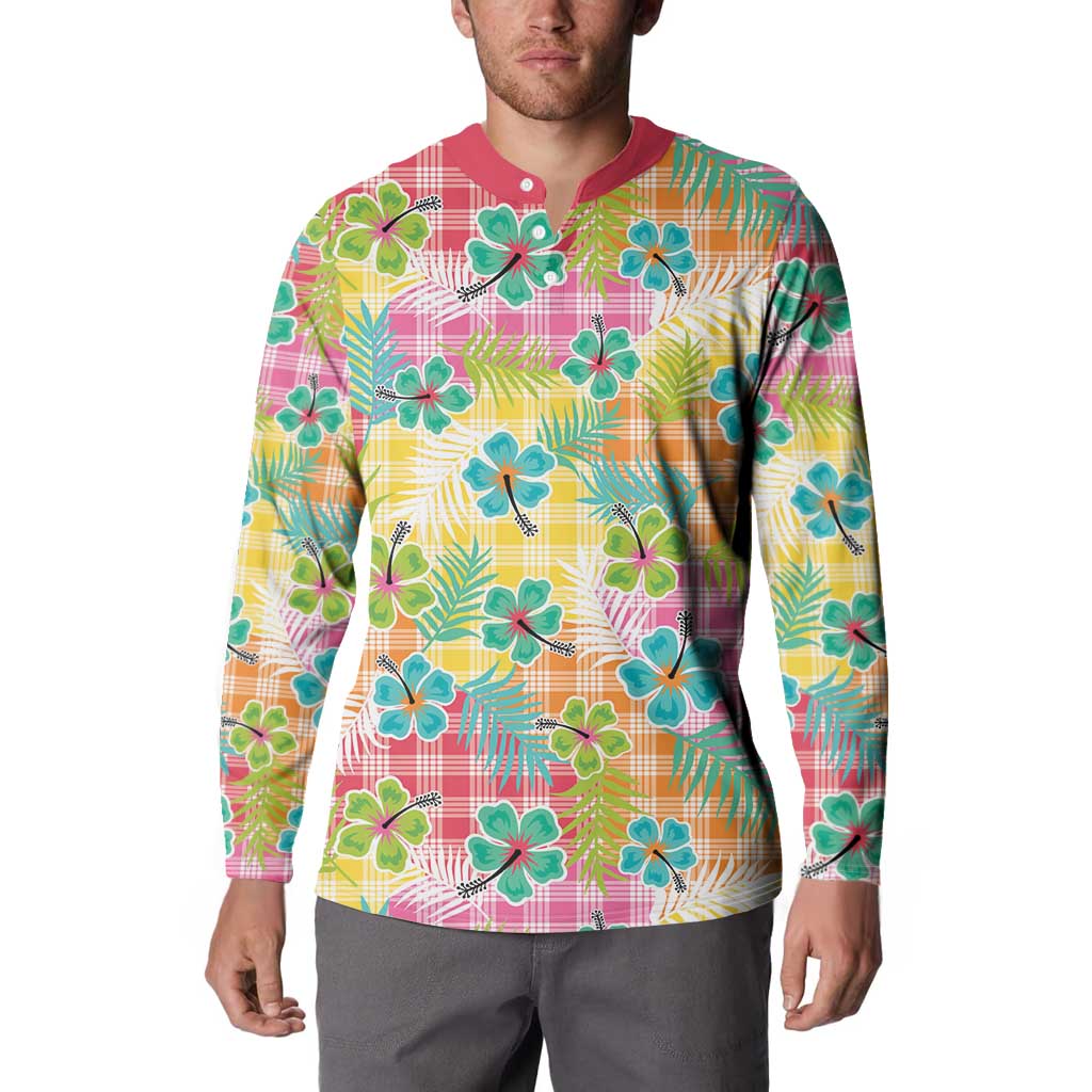 Hawaiian Palaka Button Sweatshirt Hibiscus Palm Leaf Pattern - Polynesian Pride